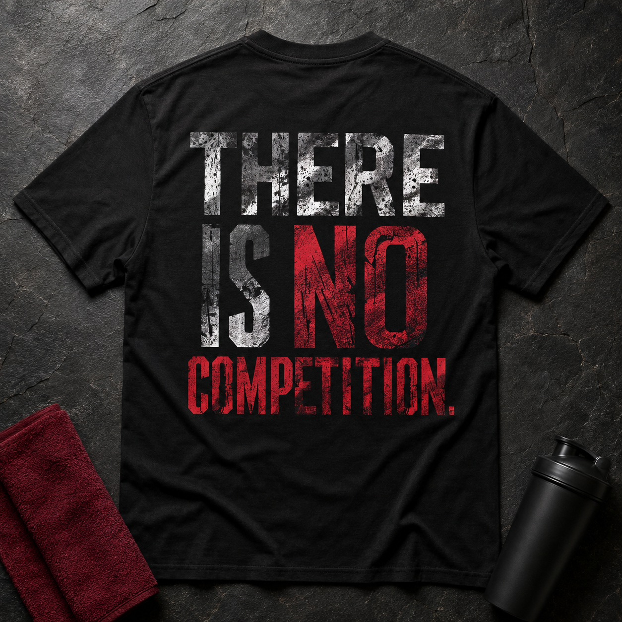 Schwarzes T-Shirt mit großem Rückenprint „THERE IS NO COMPETITION.“ in Grau, Weiß und Rot, flach auf dunklem Stein mit Handtuch und Trinkflasche.
