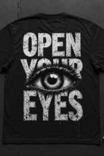 Schwarzes T-Shirt flach liegend mit großem Open Your Eyes Motiv, zentrales Auge in Weiß-Grau, dunkler Studiohintergrund, Statement Shirt und grunge shirt Stil.