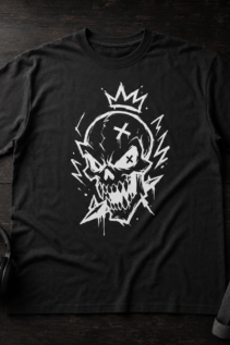 Schwarzes T-Shirt mit weißem Gothic Skull als flach ausgelegte Produktaufnahme auf dunkler Holzfläche, daneben Kopfhörer und schwarze Riemen; skull shirt, alternative shirt.