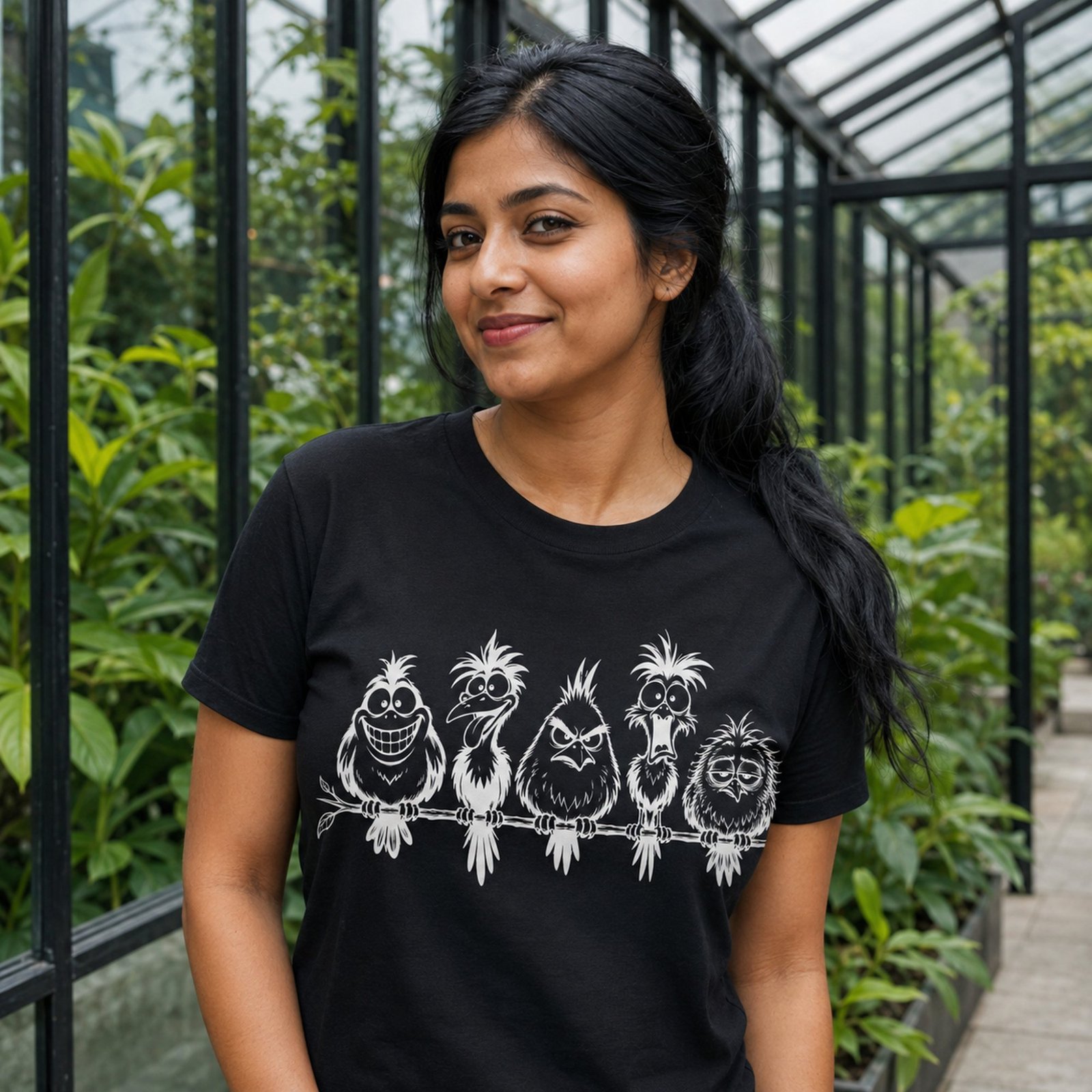 Frau trägt schwarzes T-Shirt mit frechen Vögeln als weißem Grafikmotiv im Gewächshaus, frontale Ansicht, lässiger Streetwear-Look.