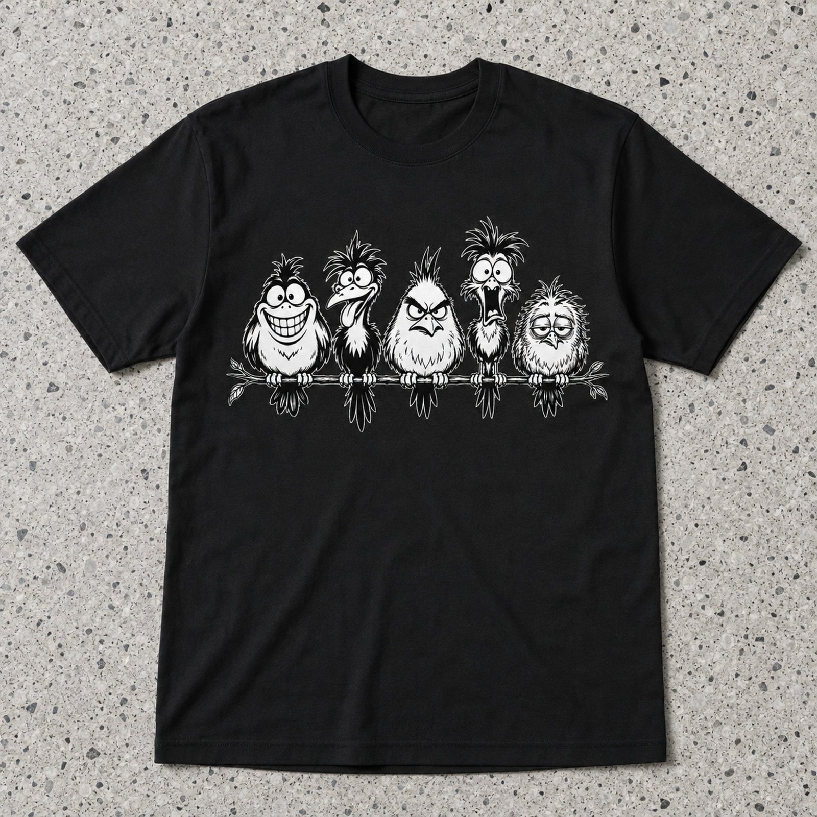 Schwarzes Unisex T-Shirt flach ausgelegt mit weißem frechen Tiermotiv aus fünf Vögeln auf einem Ast auf hellem Steinboden.