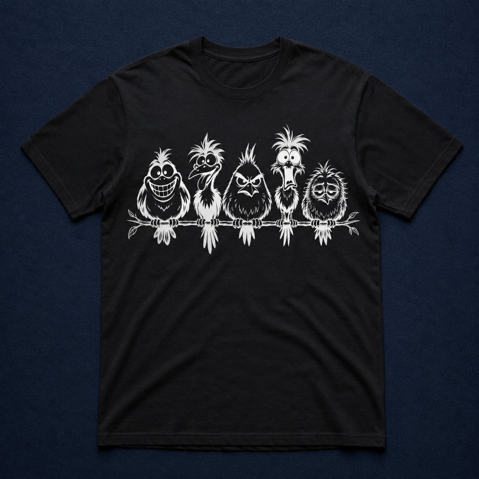 Schwarzes T-Shirt flach liegend mit weißem frechen Vögel-Motiv auf dunklem blauem Hintergrund, Produktansicht von vorn.