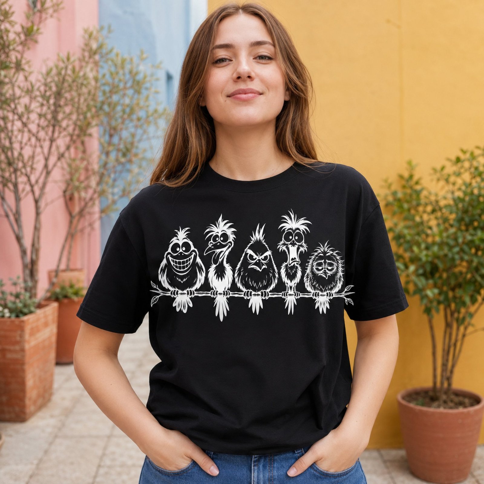 Frau in schwarzem T-Shirt mit weißem frechen Vogel-Grafikdruck steht draußen vor pastellfarbener Wand, entspannte Frontansicht.