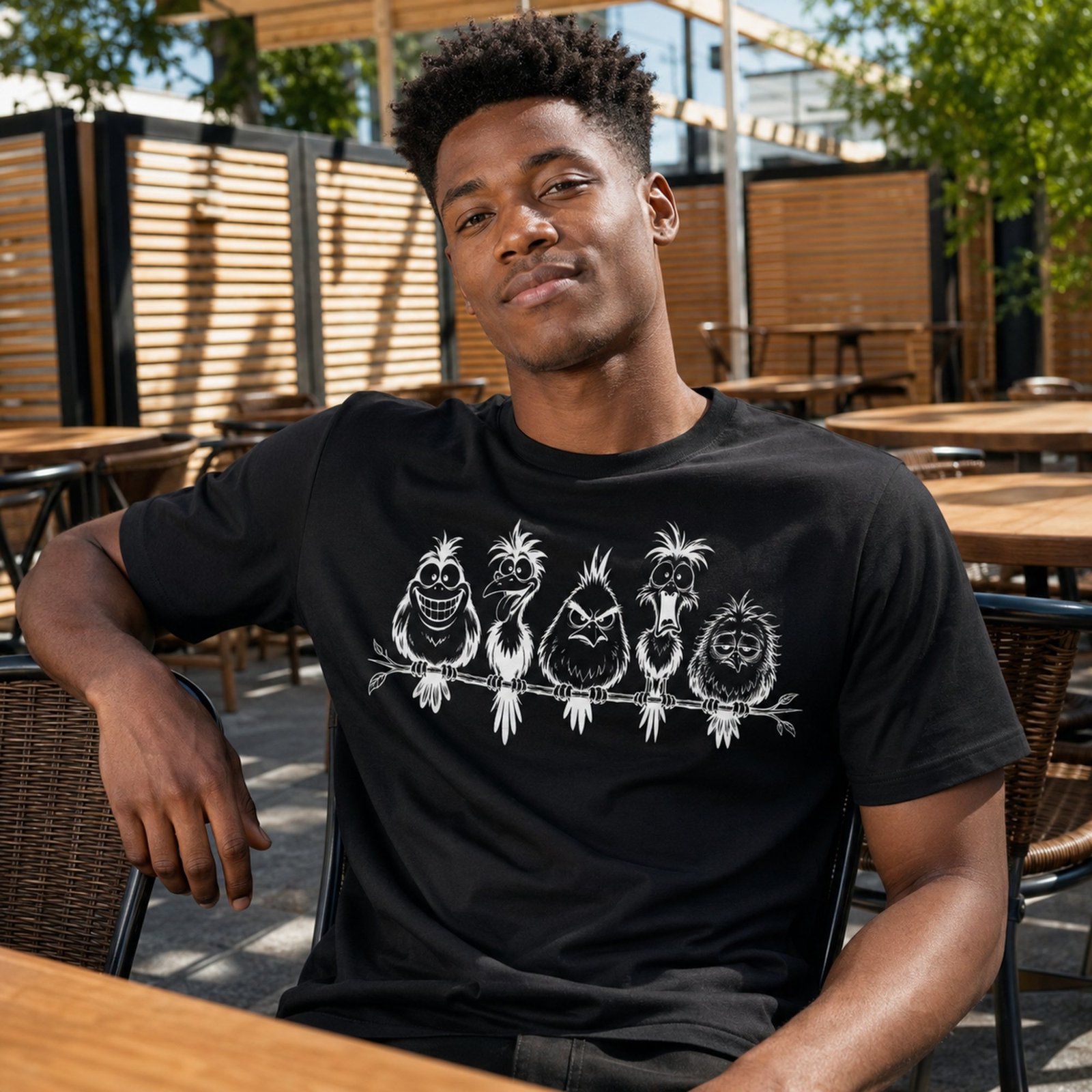 Mann trägt schwarzes T-Shirt mit weißem frechen Tiermotiv aus Vögeln im Café, sitzende Frontansicht in entspannter Pose.