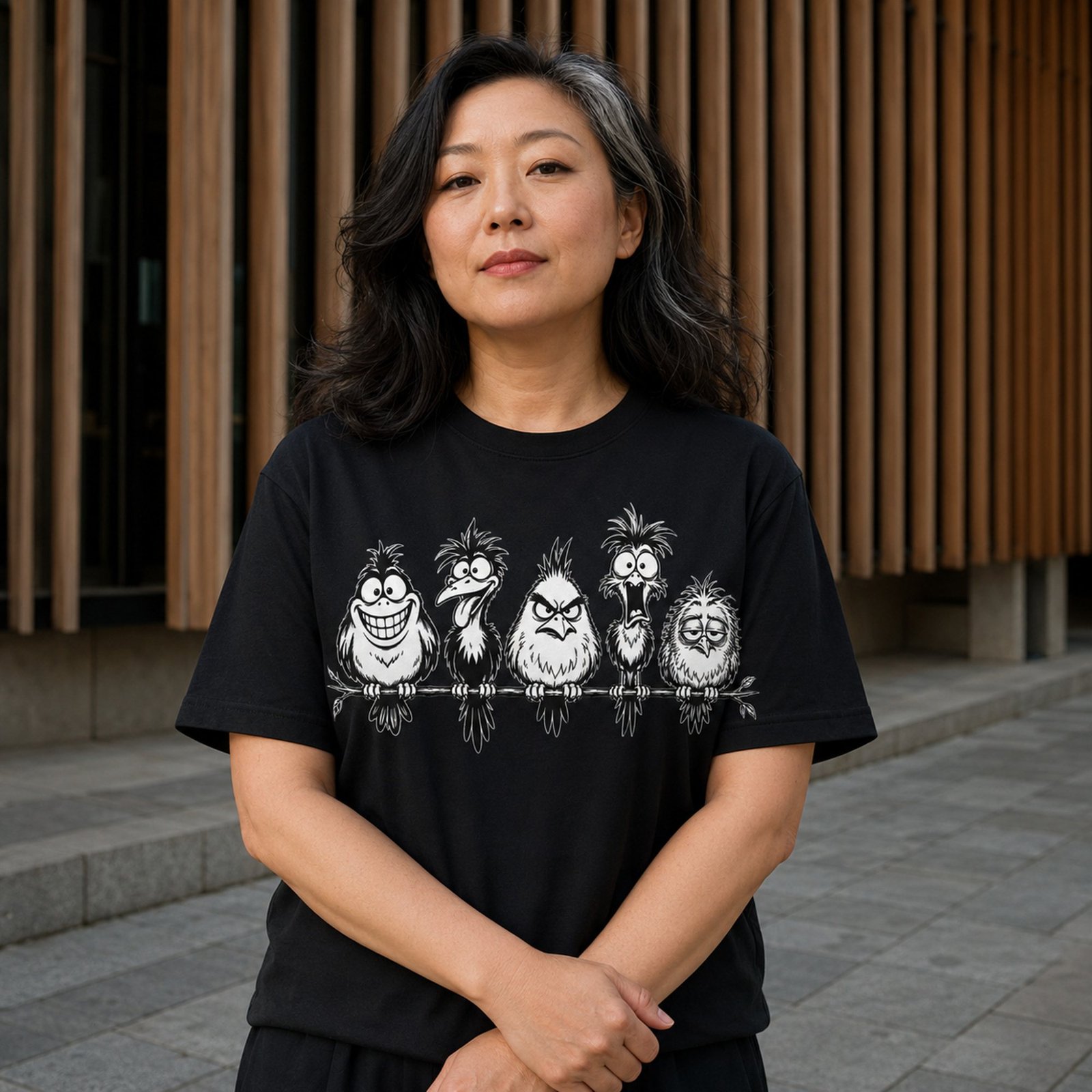 Frau trägt schwarzes Unisex T-Shirt mit weißem frechen Vogelmotiv vor moderner Fassade, frontale Ansicht mit verschränkten Armen.