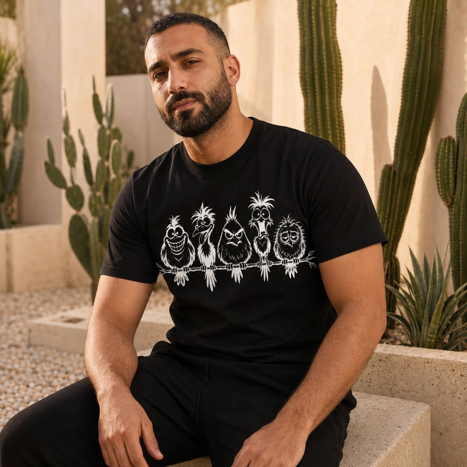 Mann sitzt in schwarzem T-Shirt mit weißem frechen Vögel-Design in einer Wüstenkulisse mit Kakteen, entspannte Lifestyle-Ansicht.