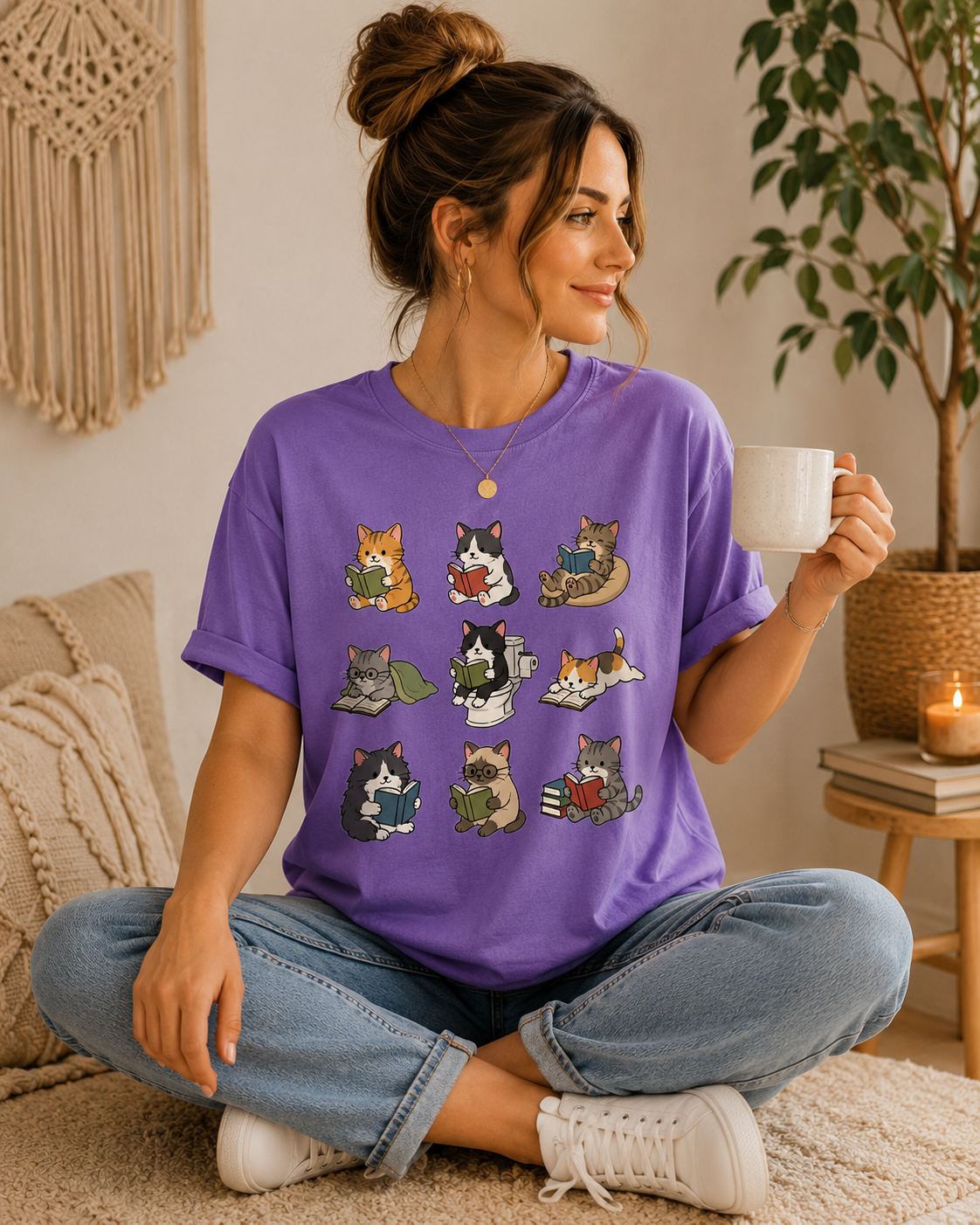 Lustiges Katzen Shirt – türkises T-Shirt mit lesenden Katzen Motiv