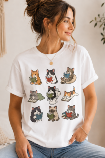 Lustiges Katzen Shirt – türkises T-Shirt mit lesenden Katzen Motiv