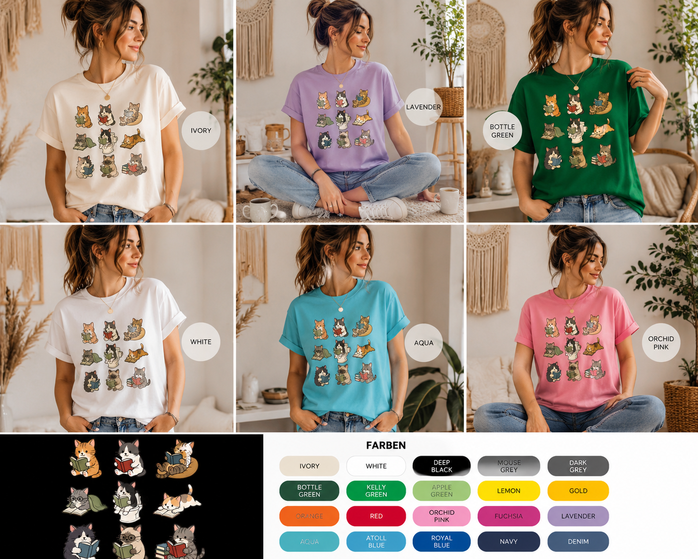 Lustiges Katzen Shirt – türkises T-Shirt mit lesenden Katzen Motiv