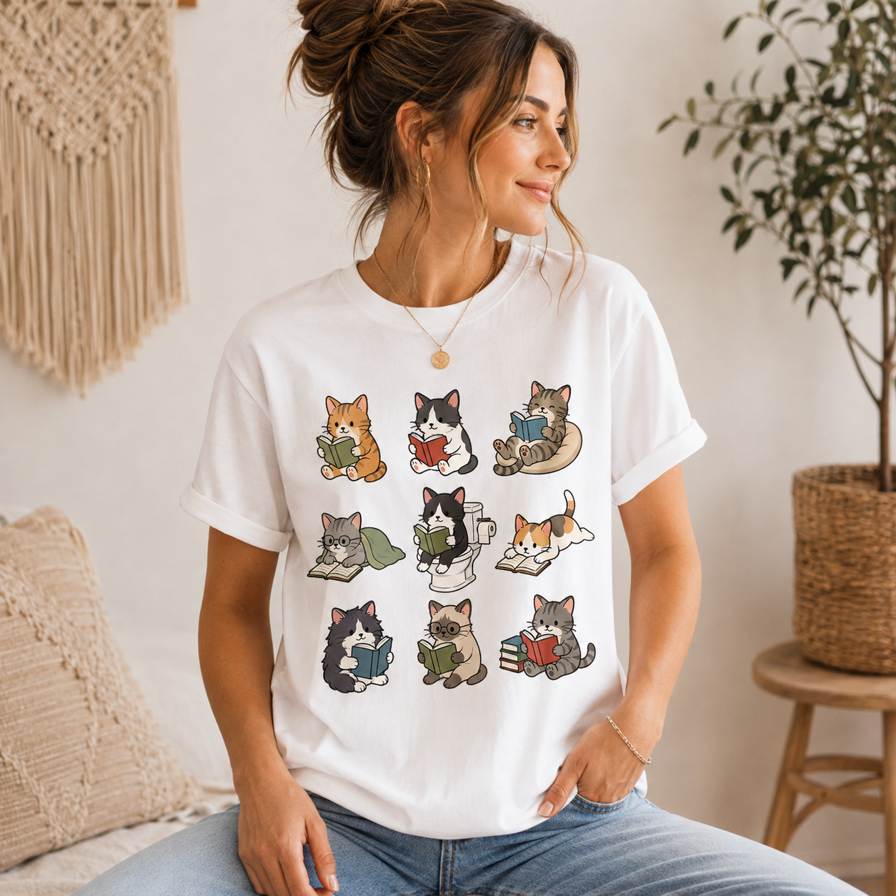Lustiges Katzen Shirt – türkises T-Shirt mit lesenden Katzen Motiv