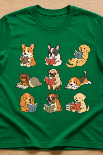 Lustiges Hunde Shirt – grünes T-Shirt mit lesenden Hunden Motiv