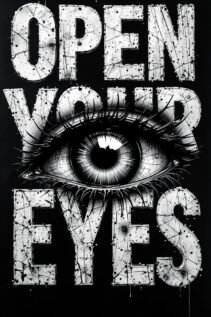 Freigestelltes Grafikmotiv des Open Your Eyes Designs auf schwarzem Hintergrund, großes weißes Auge mit kräftiger Typografie, black white art und symbol shirt.