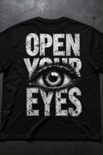 Schwarzes T-Shirt flach liegend mit Open Your Eyes Druck auf dunkler Fläche, zentrales Auge und weiße Typografie, klares Produktbild im Studio.