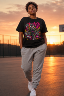 Schwarzes T-Shirt an einer Frau auf einem Sportplatz bei Sonnenuntergang, mit auffälligem urban animal tee Motiv eines Rapper-Waschbären in Pink und Gelb.