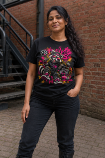Schwarzes T-Shirt an einer Frau vor Backsteinwand und Metalltreppe, mit frechem Tier-Shirt Motiv: Rapper-Waschbär im pink-schwarzen Streetart-Look.