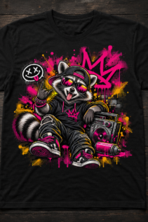 Schwarzes T-Shirt flach auf dunklem Holz mit großem neonfarbenem Graffiti-Tiermotiv: Rapper-Waschbär mit Sonnenbrille, Cap und Boombox.
