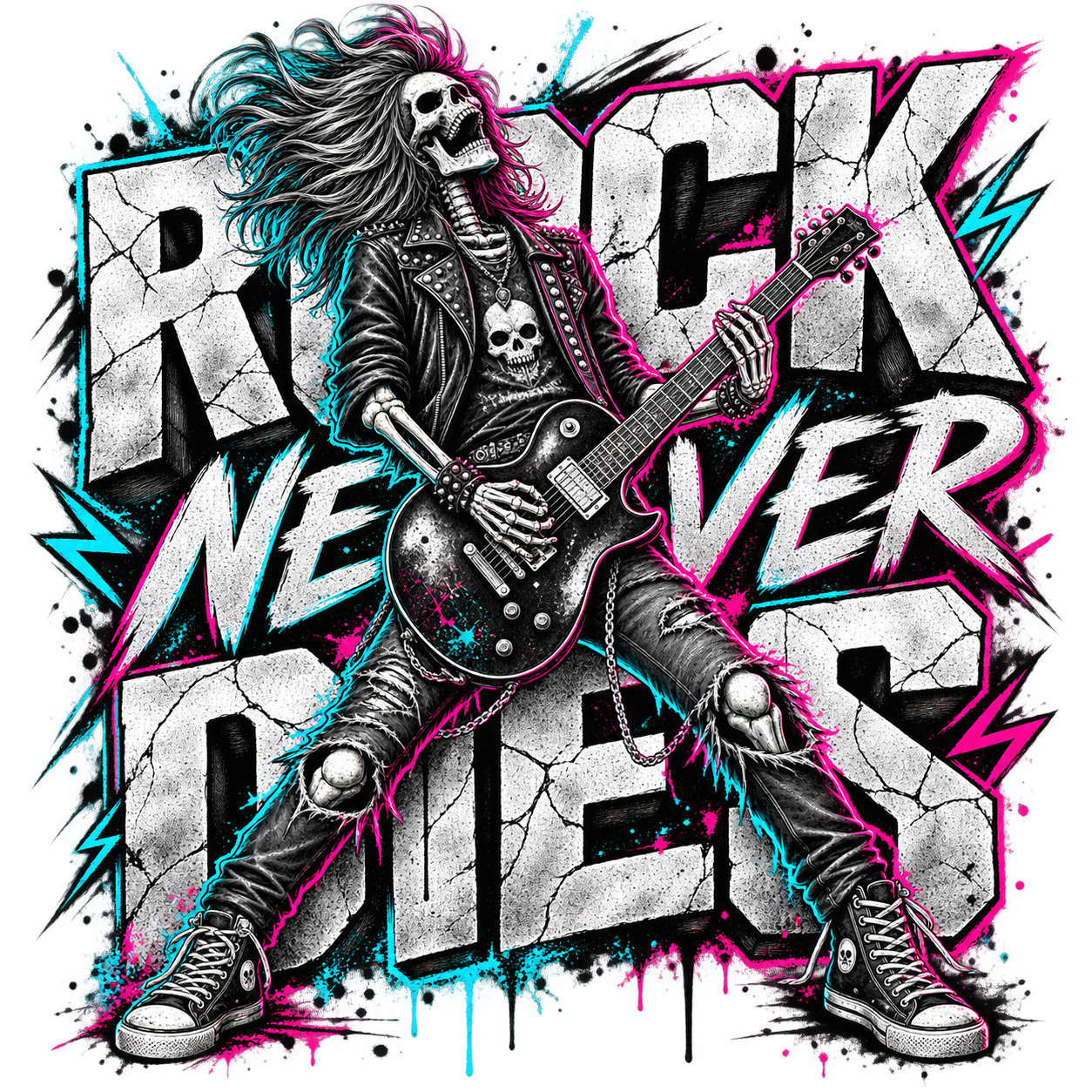 Freigestelltes Rock T-Shirt-Motiv mit skelettartigem Gitarristen vor „Rock Never Dies“ in Schwarz, Pink und Türkis, als dark graphic tee