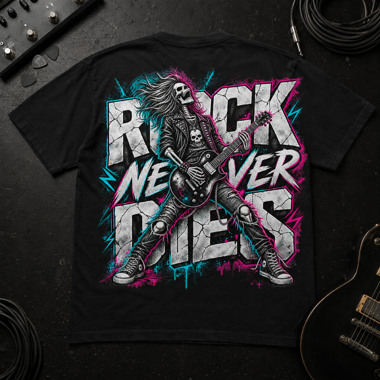 Schwarzes Rock T-Shirt flach ausgelegt mit Skelett-Gitarrist und „Rock Never Dies“, umgeben von Musik-Equipment im Band-Style