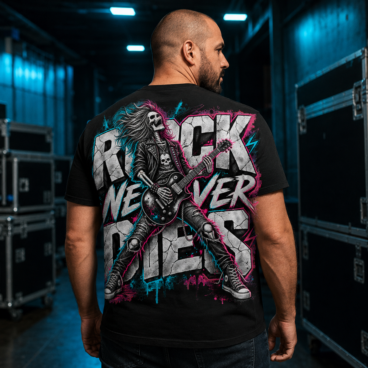 Schwarzes Rock-T-Shirt-Motiv mit Skelett-Gitarrist, großer Schrift 'Rock Never Dies' in Neonfarben.