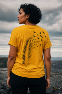 Frau von hinten trägt ein senfgelbes T-Shirt mit schwarzem Feder- und Vogelmotiv vor einer felsigen Landschaft, boho feder shirt, dark aesthetic shirt