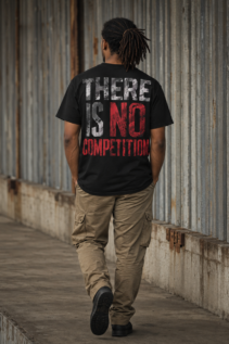 Mann mit Dreadlocks von hinten in schwarzem Grunge T-Shirt mit weiß-rotem Aufdruck „THERE IS NO COMPETITION.“ an einer Metallwand.