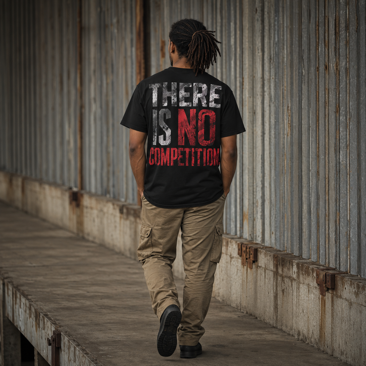 Mann mit Dreadlocks von hinten in schwarzem Grunge T-Shirt mit weiß-rotem Aufdruck „THERE IS NO COMPETITION.“ an einer Metallwand.