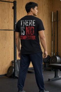 Mann von hinten in schwarzem Statement T-Shirt mit dem Aufdruck „THERE IS NO COMPETITION.“ in Weiß und Rot im Fitnessstudio.