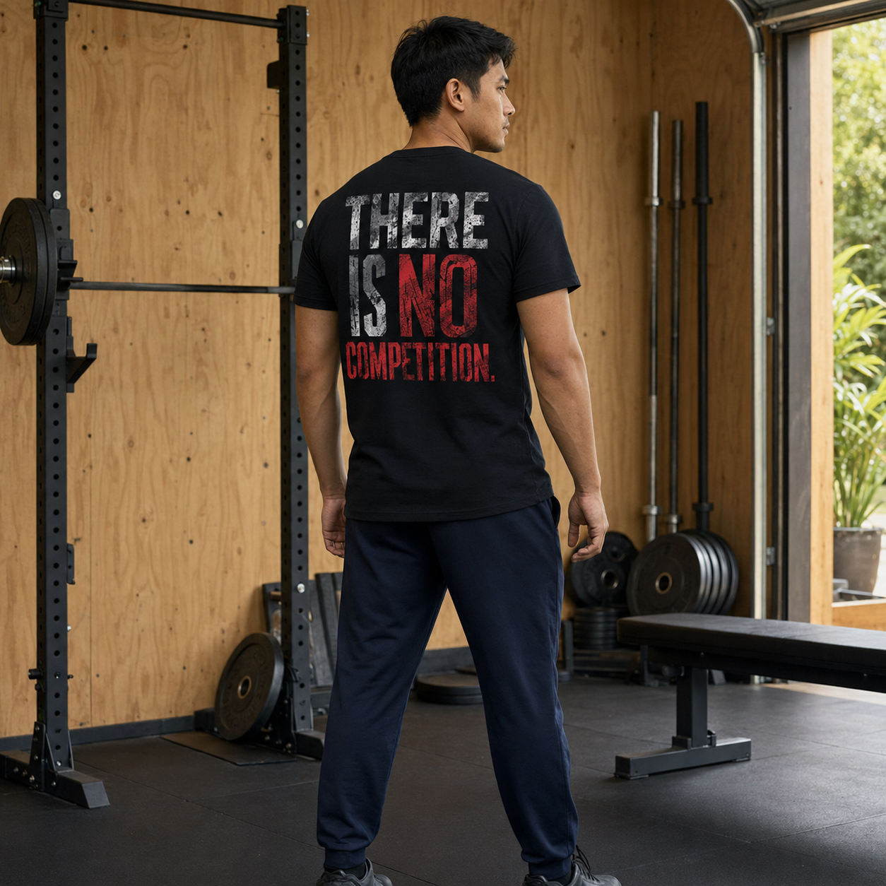 Mann von hinten in schwarzem Statement T-Shirt mit dem Aufdruck „THERE IS NO COMPETITION.“ in Weiß und Rot im Fitnessstudio.
