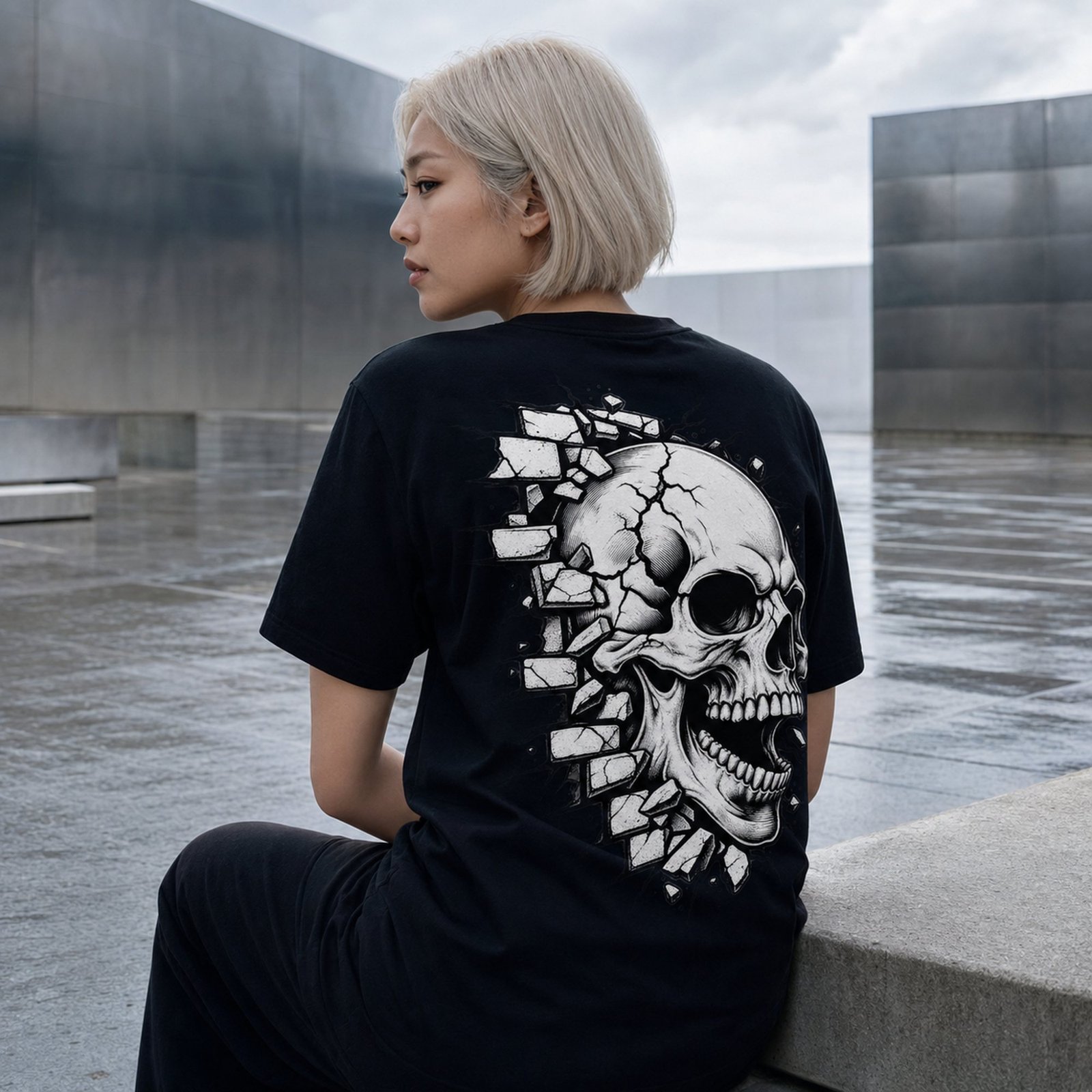 Schwarzes Skull T-Shirt an einer sitzenden Frau mit blondem Bob, Rückenansicht in moderner Betonkulisse, großes weißes Totenkopf-Motiv sichtbar.