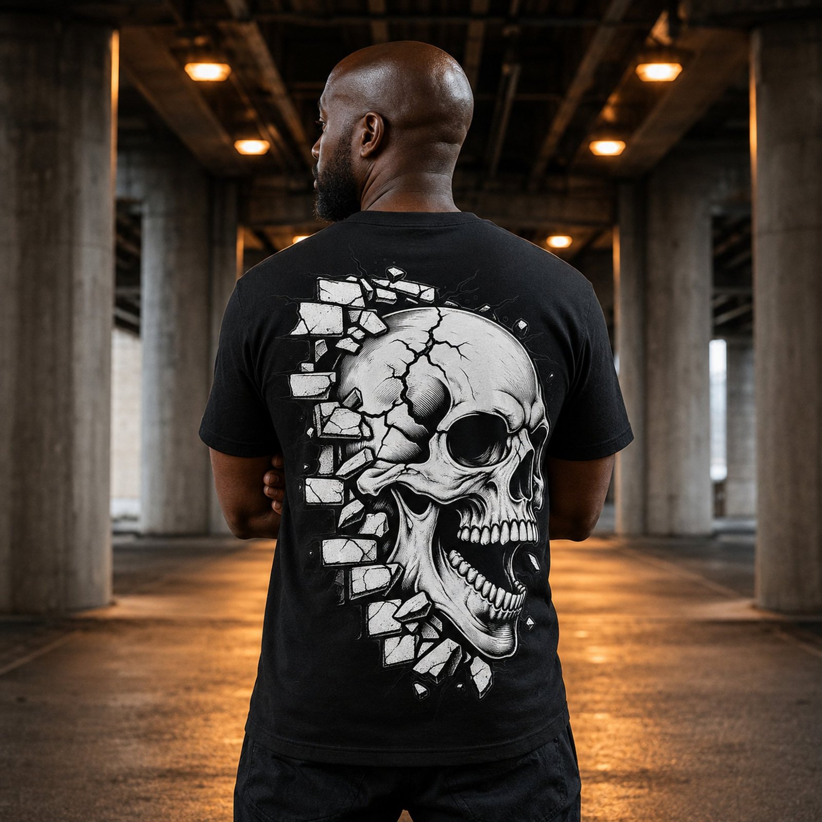 Schwarzes T-Shirt mit großem weißen Totenkopf-Print an einem Mann von hinten, aufgenommen unter einer Brücke mit dunkler Industrie-Atmosphäre.