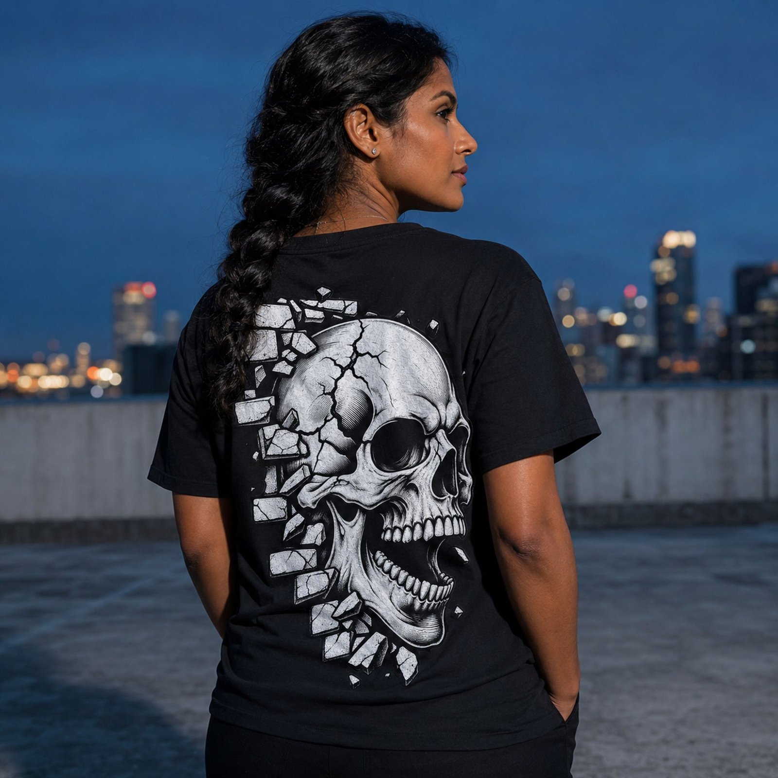 Schwarzes Skull Shirt an einer Frau von hinten auf einer Dachterrasse bei Nacht, großes weißes Horror Shirt Motiv mit Stadtlichtern im Hintergrund.