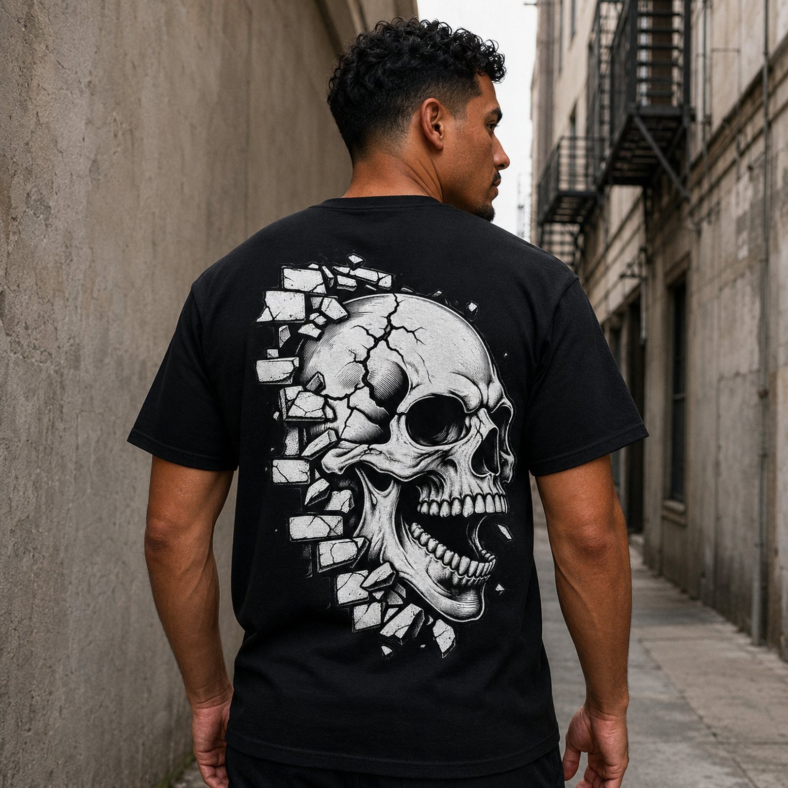 Schwarzes Totenkopf Shirt an einem Mann von hinten in einer engen Gasse, großes weißes Gothic Tshirt Motiv mit rauem Stadtflair.
