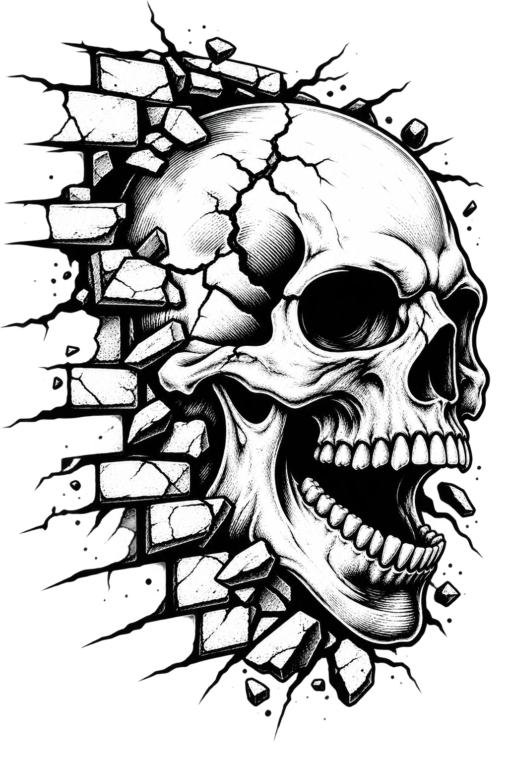Freigestelltes weißes Totenkopf-Design mit zerbrochenen Steinen auf schwarzem Hintergrund, das Skull T-Shirt Motiv ohne Träger oder Umgebung.