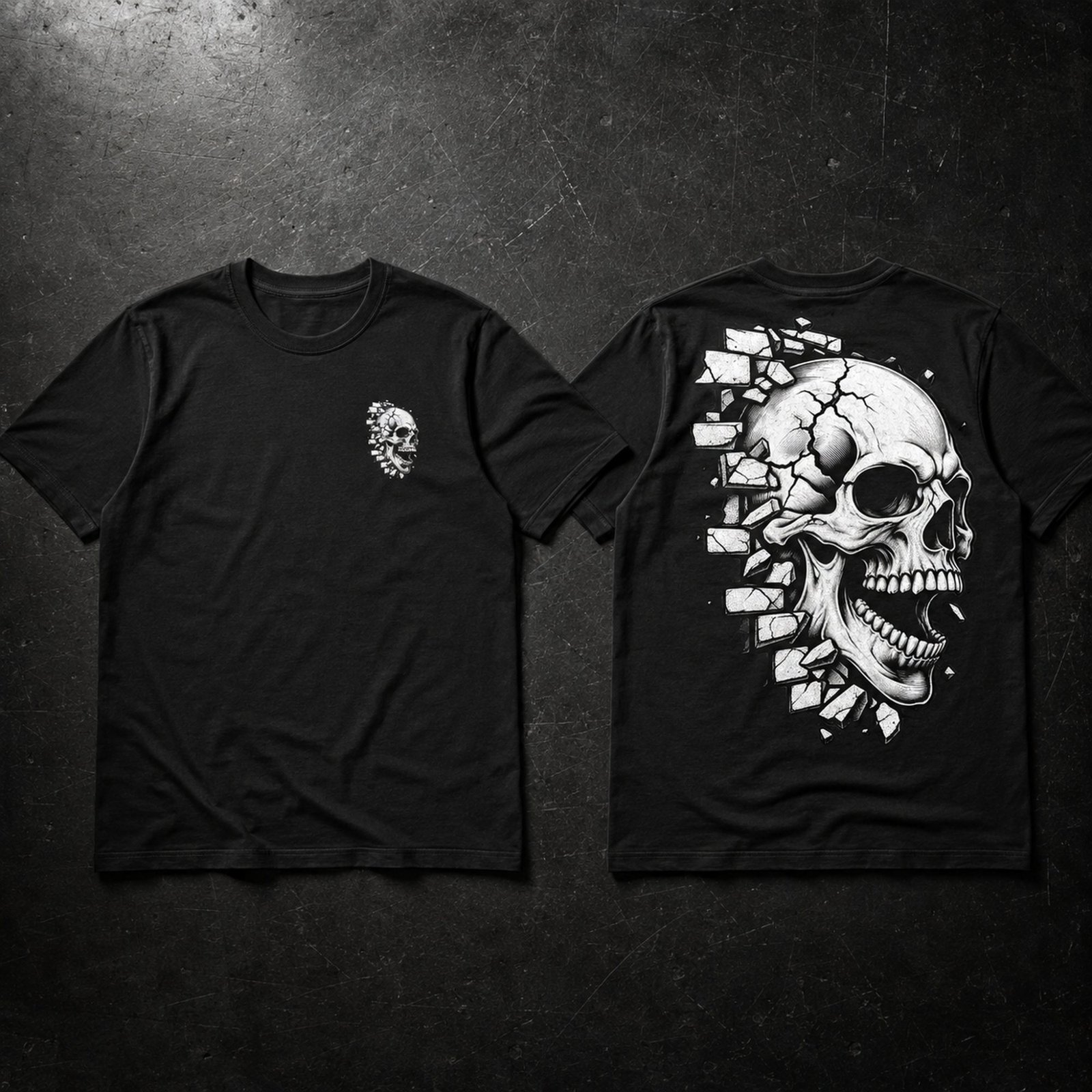 Zwei schwarze T-Shirts flach ausgelegt: links kleine Skull-Grafik auf der Brust, rechts großes Rückenmotiv mit weißem Totenkopf-Print.