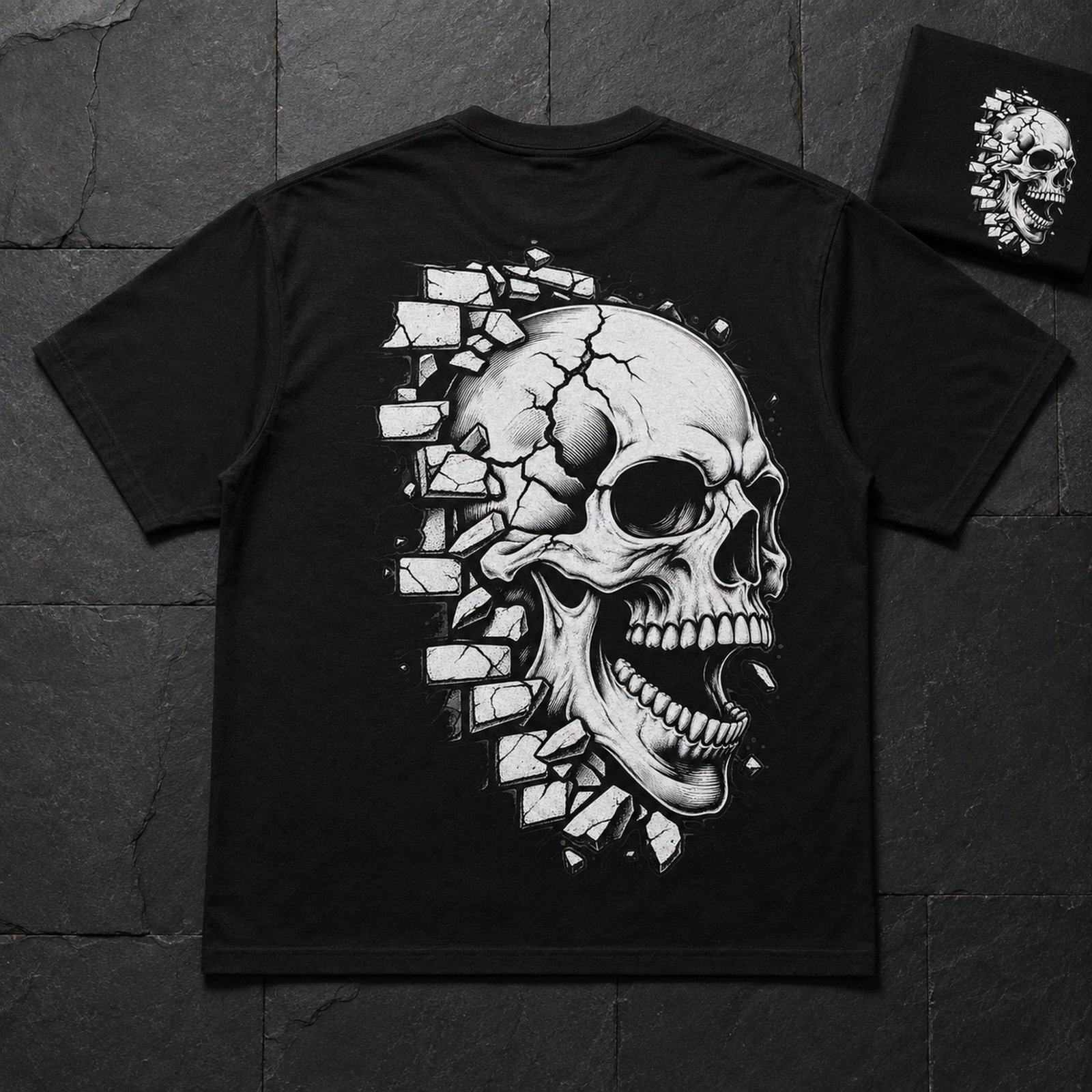 Schwarzes T-Shirt flach auf dunklem Steinboden ausgelegt, großes weißes Skull-Motiv auf der Rückseite, kleines Motiv auf einer Karte daneben.