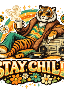 Freigestelltes Druckmotiv für ein Stay Chill Shirt mit sitzendem Tiger, Boho-Blumen, Peace-Zeichen und Boombox im Retro-Stil.