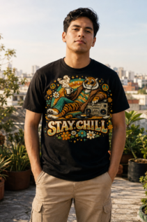 Mann trägt schwarzes Festival T-Shirt mit Stay Chill Motiv auf einer sonnigen Dachterrasse vor Stadtblick.