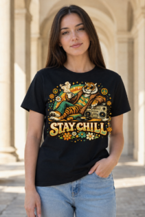Frau trägt schwarzes Stay Chill T-Shirt mit Retro Animal Tee Motiv in heller Arkadenszene.