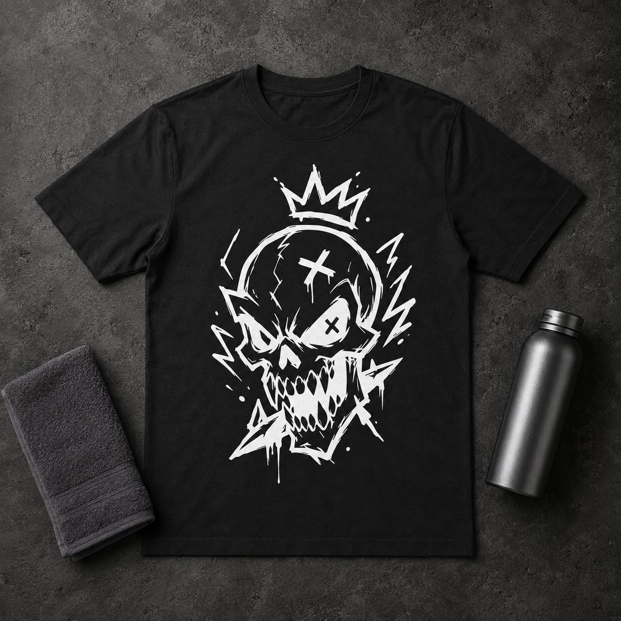 Schwarzes T-Shirt mit großem weißem Totenkopf-Print als flach ausgelegte Produktaufnahme auf dunklem Hintergrund, daneben graues Handtuch und schwarze Trinkflasche; gothic shirt, dark streetwear.