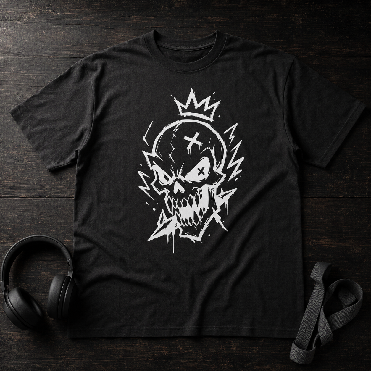 Schwarzes T-Shirt mit weißem Gothic Skull als flach ausgelegte Produktaufnahme auf dunkler Holzfläche, daneben Kopfhörer und schwarze Riemen; skull shirt, alternative shirt.