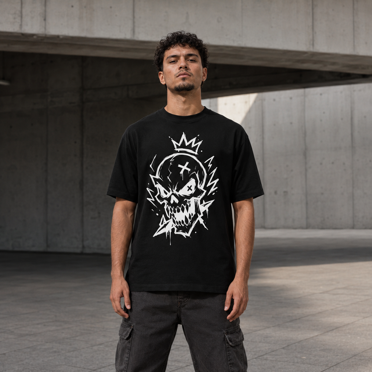 Mann trägt ein schwarzes T-Shirt mit weißem Totenkopf-Design als Lifestyle-Aufnahme vor modernem Betonhintergrund; punk rock shirt, rock shirt.