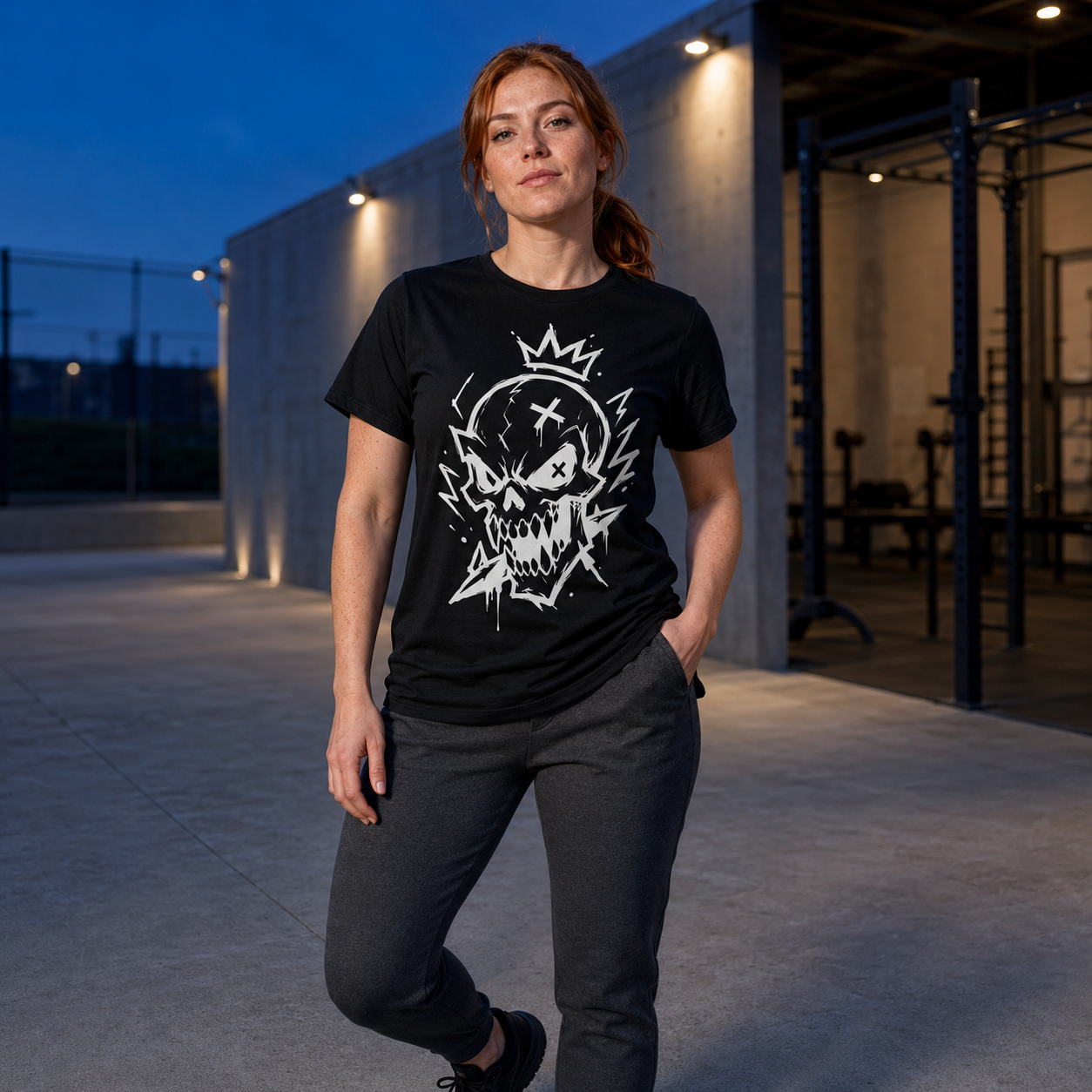 Frau trägt ein schwarzes T-Shirt mit weißem Totenkopf-Motiv als Lifestyle-Aufnahme im Abendlicht vor moderner Architektur; dark streetwear, gothic tshirt.
