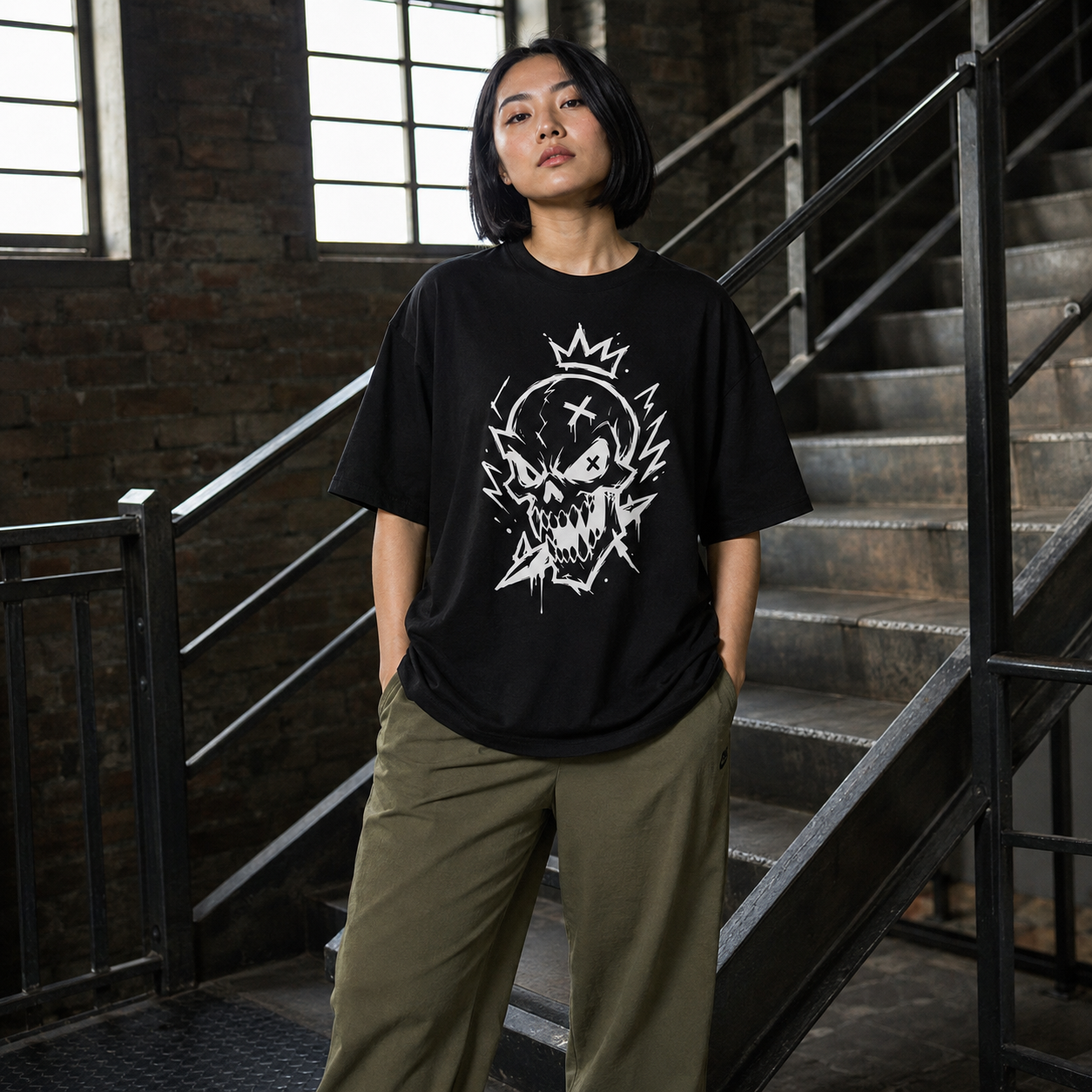 Person mit kurzem schwarzem Bob trägt ein schwarzes T-Shirt mit weißem Skull Design auf einer Treppe in einem Industrie-Interieur; alternative shirt, gothic tshirt.