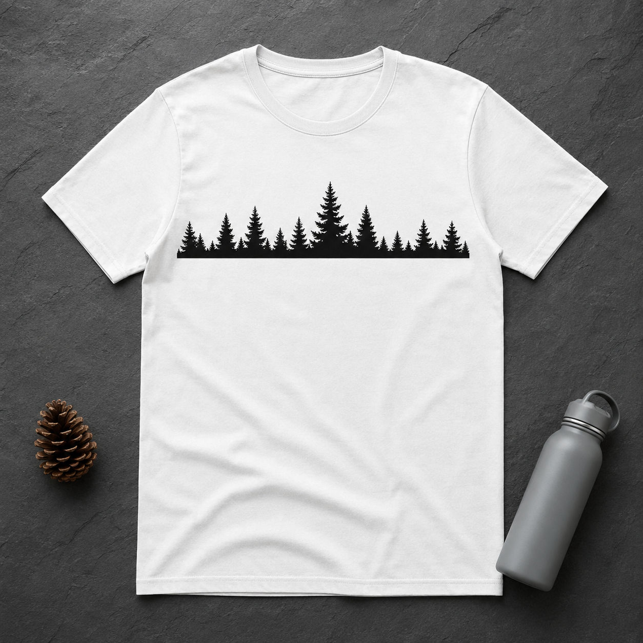 Freigestelltes weißes T-Shirt mit schwarzer Wald-Silhouette auf dunklem Hintergrund, daneben Zapfen und Trinkflasche.