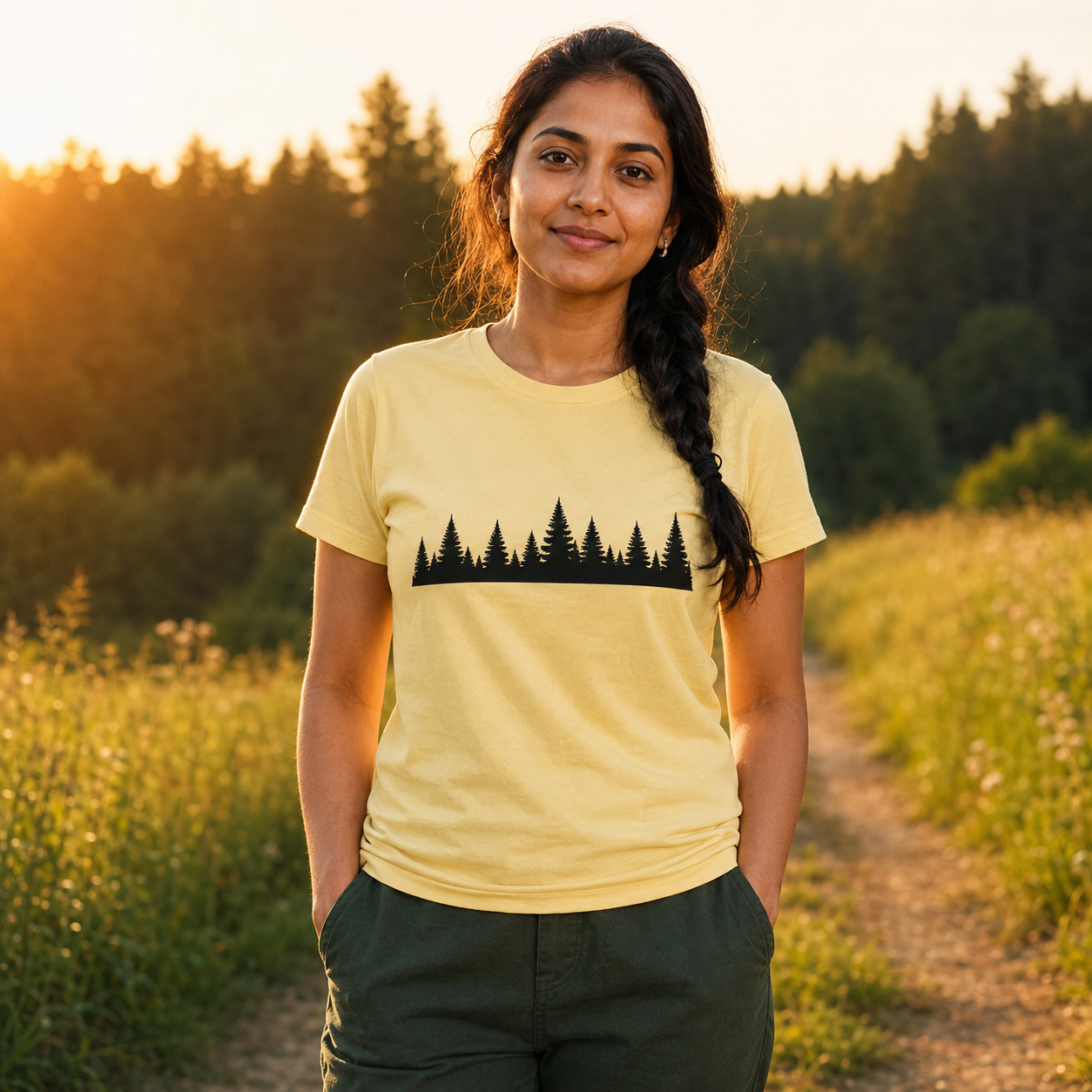Frau steht auf einem Waldweg im warmen Abendlicht und trägt ein gelbes T-Shirt mit schwarzer Wald-Silhouette.