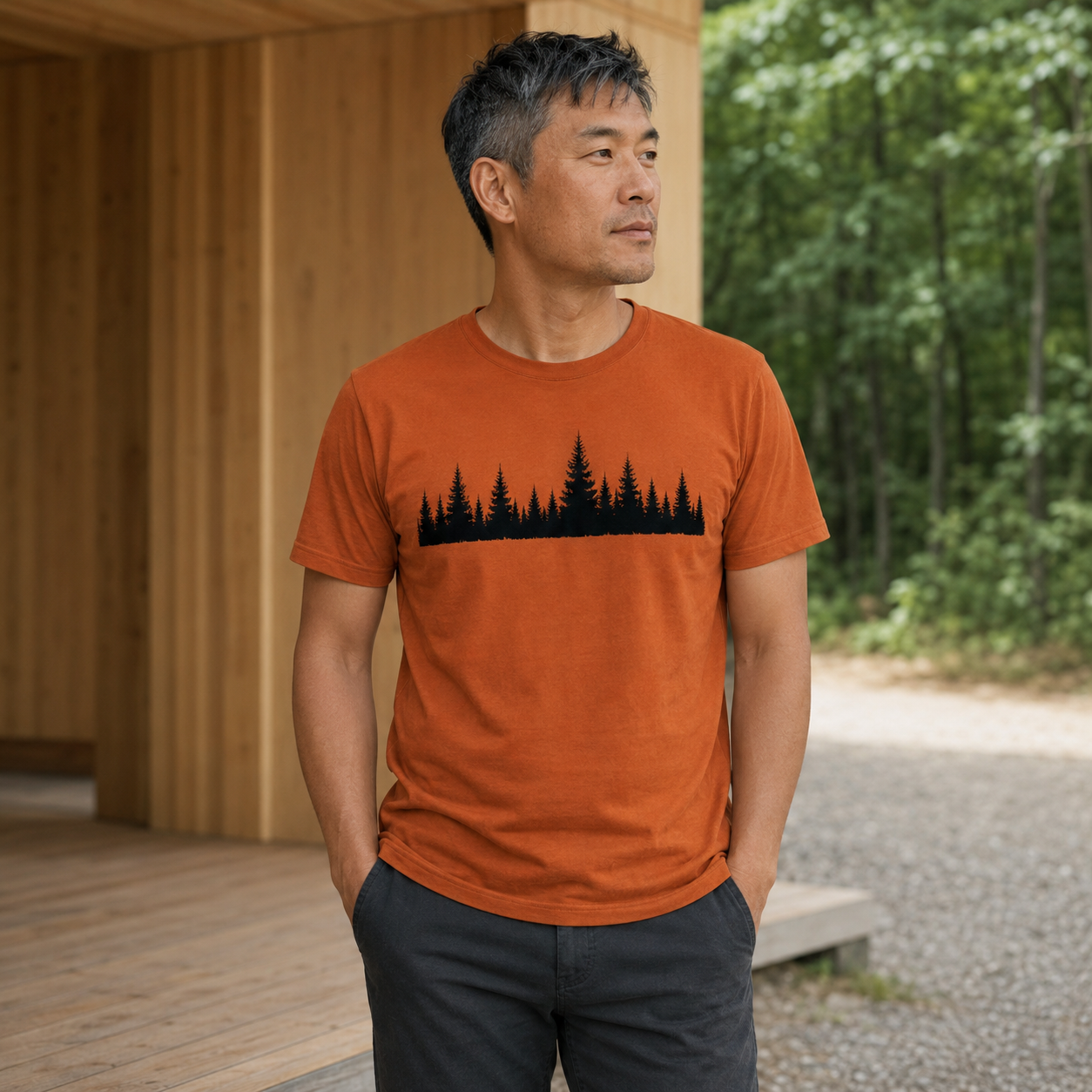 Mann steht vor einer Holzterrasse im Wald und trägt ein orangefarbenes T-Shirt mit schwarzer Wald-Silhouette.
