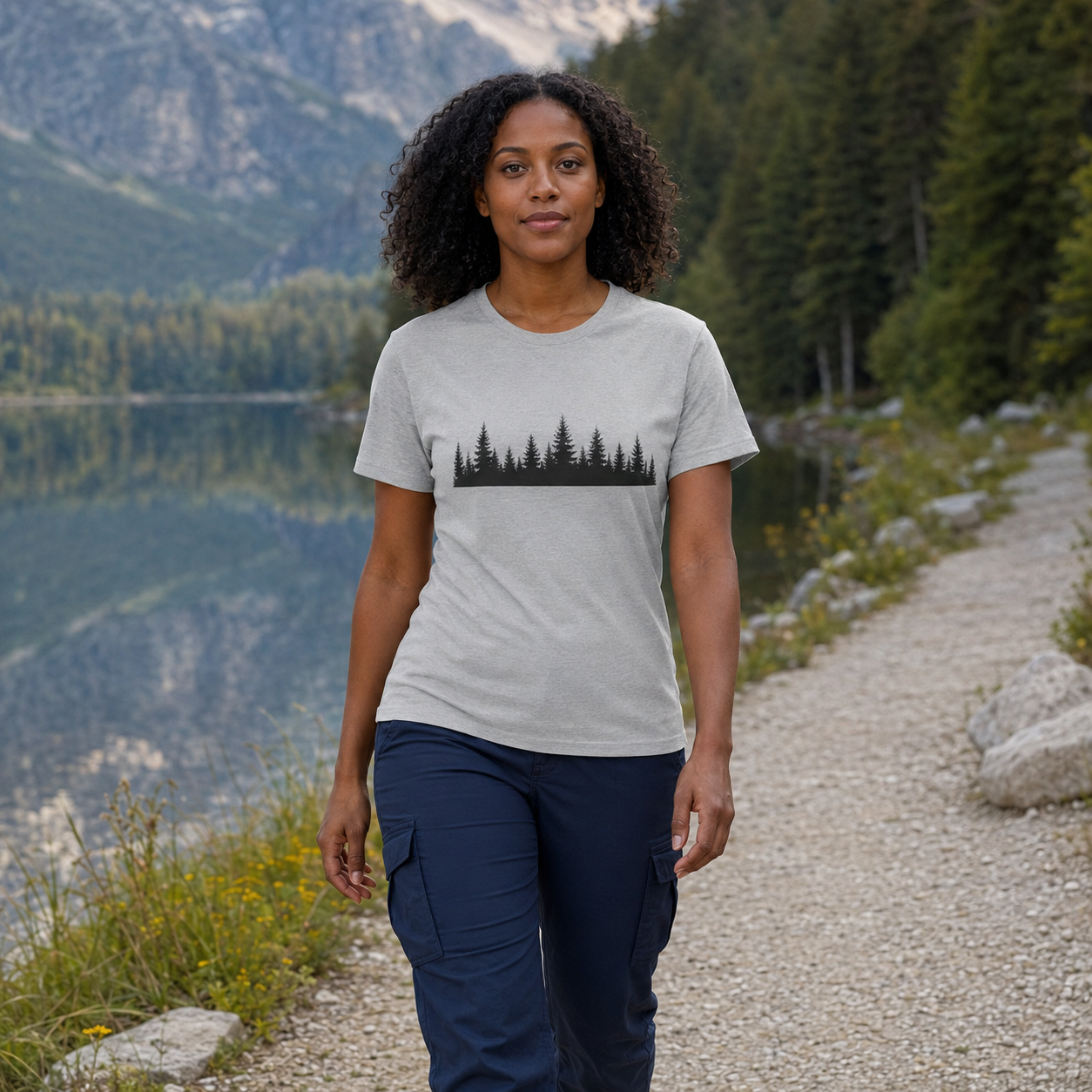 Frau geht an einem Seeufer entlang und trägt ein hellgraues T-Shirt mit schwarzer Wald-Silhouette.