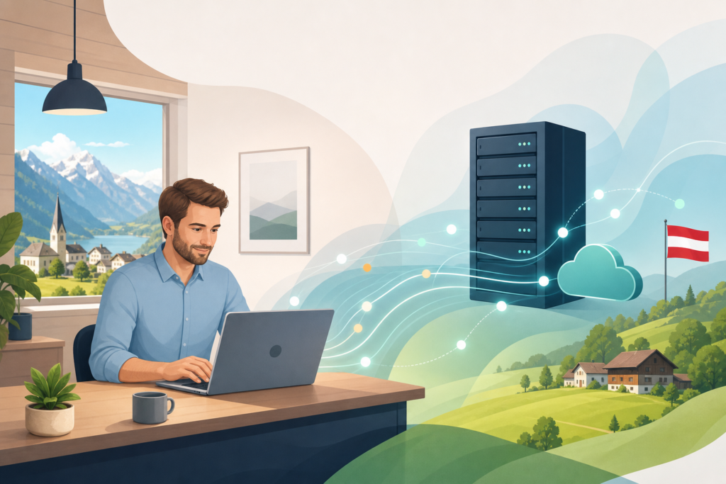 Grafische Illustration von Website-Hosting mit Laptop, Server und Datenverbindungen