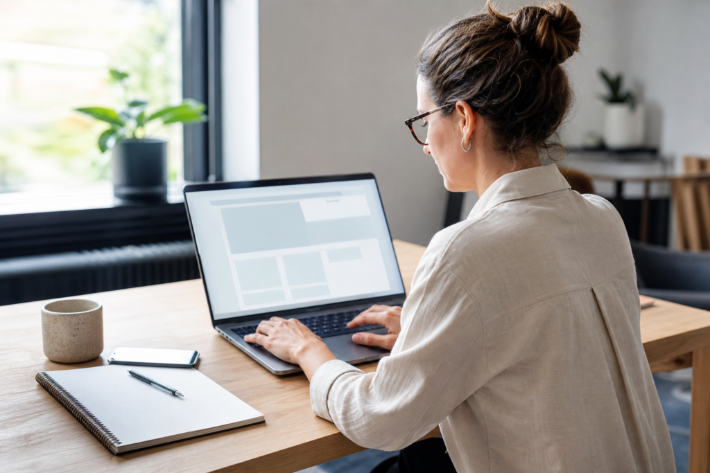 Person prüft eine Website am Laptop im Rahmen der laufenden Website-Wartung