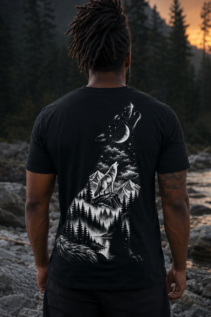Dunkles Wolf T-Shirt mit weißem Wolf-Motiv auf dem Rücken; eine Person steht am Fluss bei Sonnenuntergang vor Wald und Felsen.